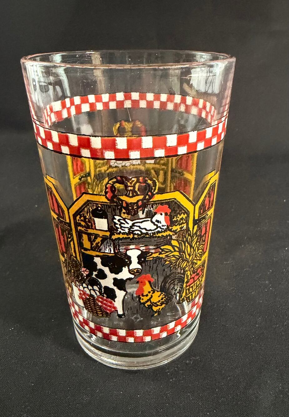 Vintage Morning Star China 12oz Barn Farm Cow Chicken Juice Glass 1970s #112